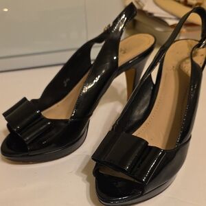 Vince Camuto AVA Black Patent Slingback Peep-toe Bow Heels